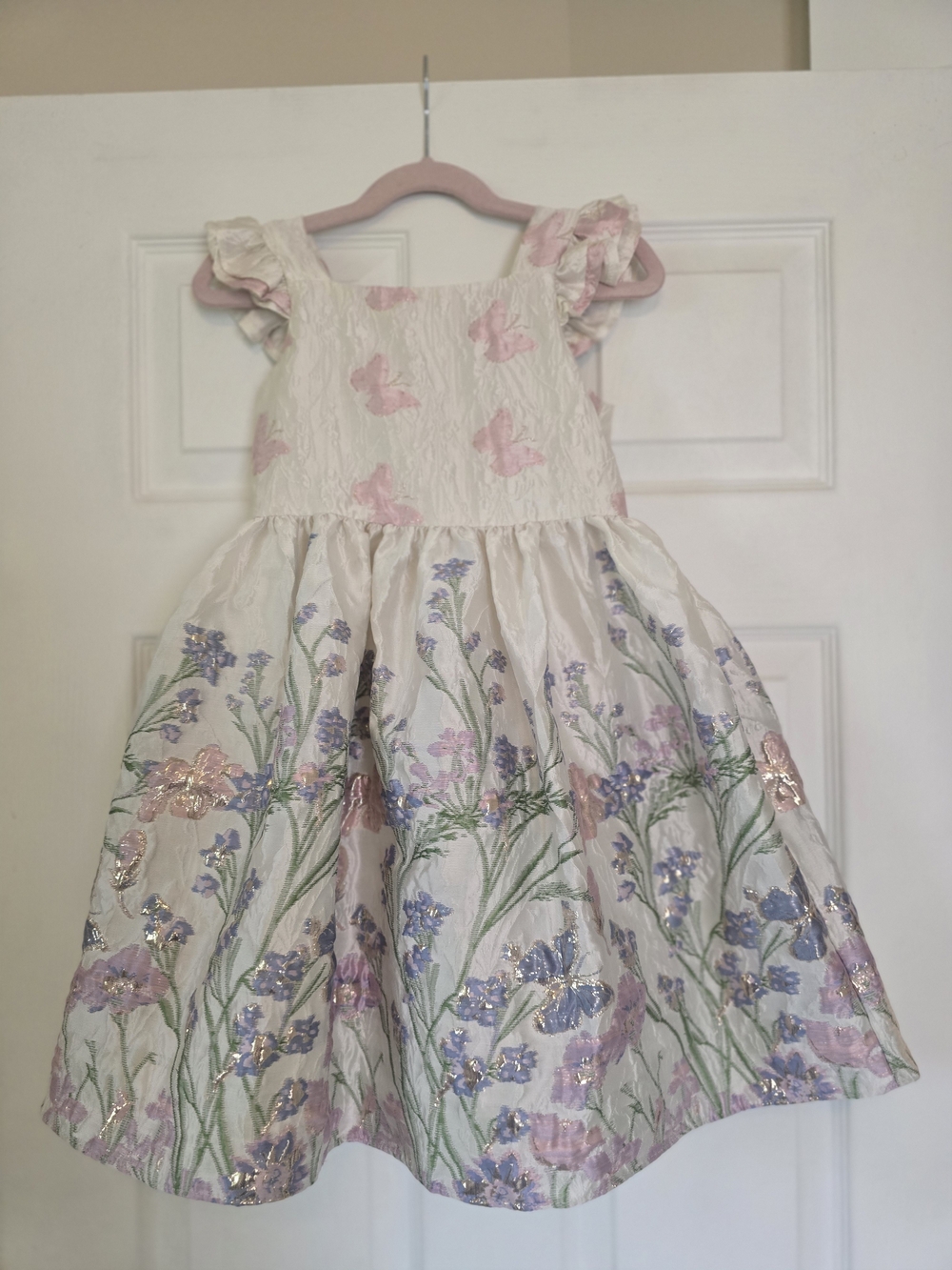 Rare Editions Cream Dress with Pink and Lavender Floral Embroidery - Picture 2 of 4